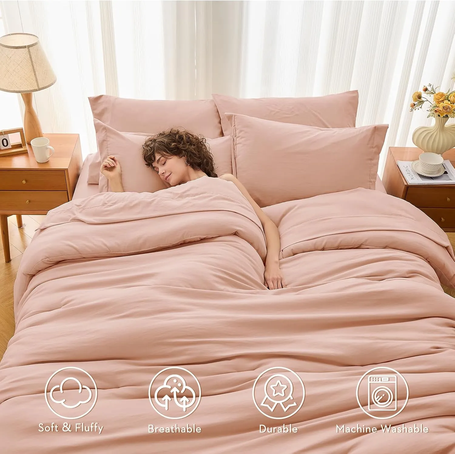 MUXHOMO 7 Pieces Queen Comforter Set, Soft Bed in a Bag Queen Size, All Season Bedding Set with Comforter, Flat Sheet, Fitted Sheet, Pillowcases & Shams, Rose Gold