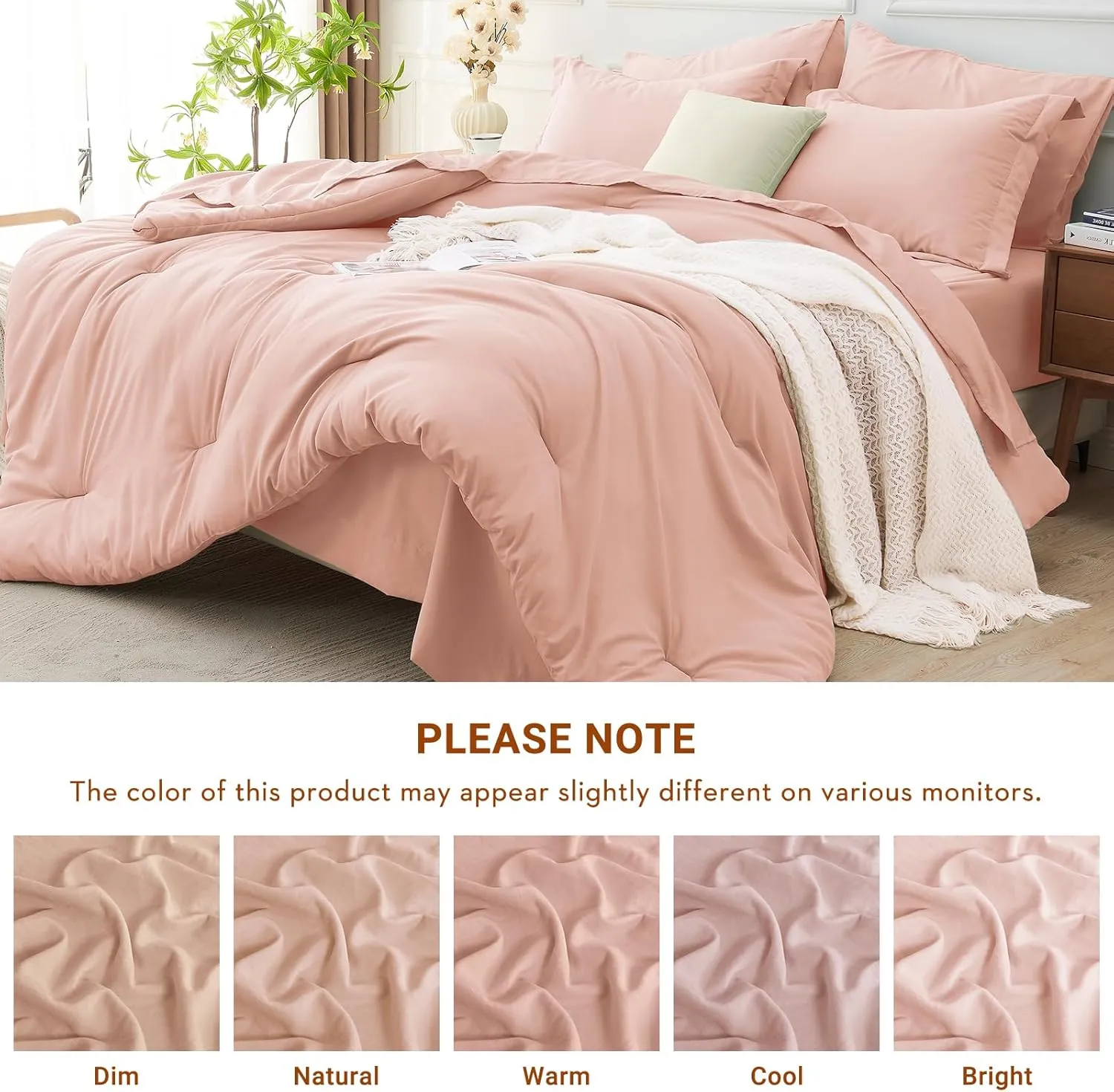 MUXHOMO 7 Pieces Queen Comforter Set, Soft Bed in a Bag Queen Size, All Season Bedding Set with Comforter, Flat Sheet, Fitted Sheet, Pillowcases & Shams, Rose Gold