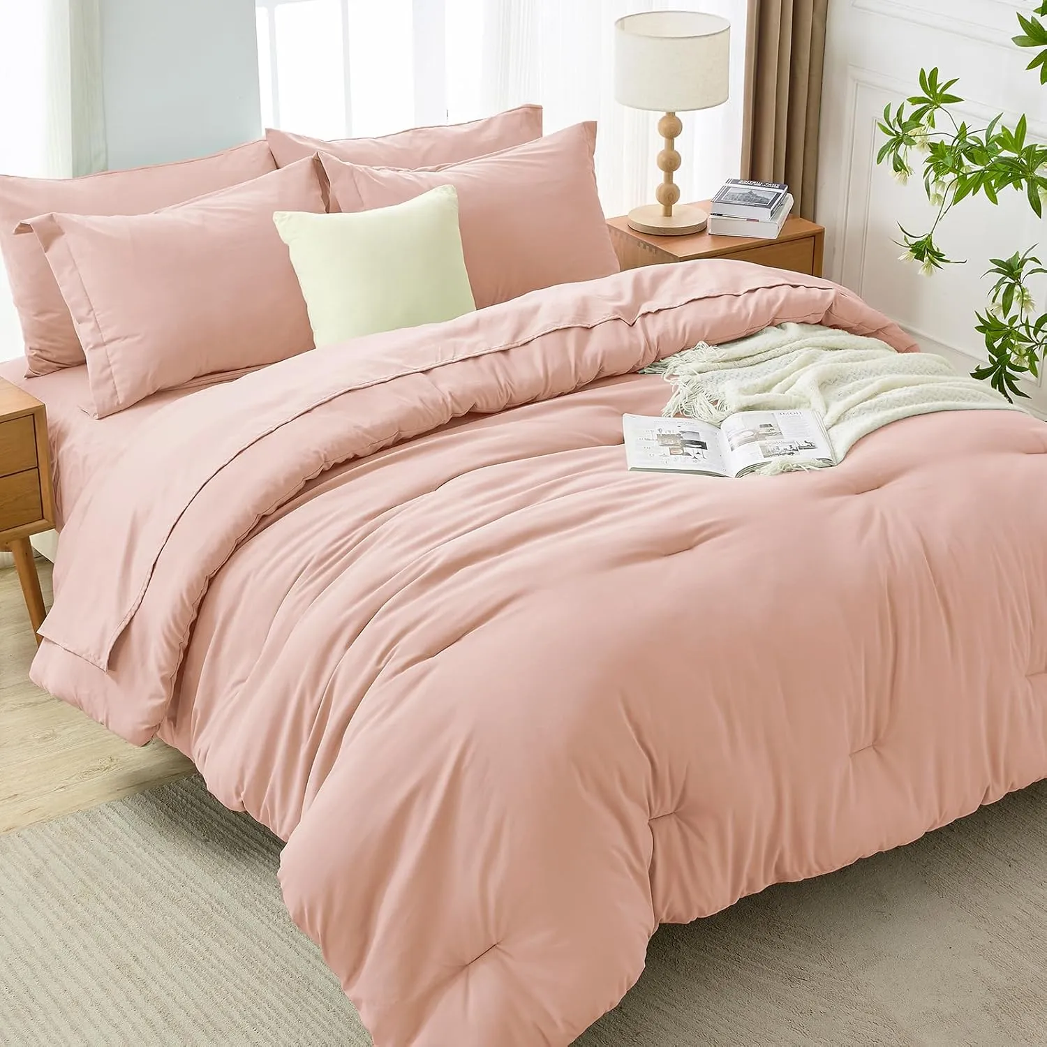 MUXHOMO 7 Pieces Queen Comforter Set, Soft Bed in a Bag Queen Size, All Season Bedding Set with Comforter, Flat Sheet, Fitted Sheet, Pillowcases & Shams, Rose Gold