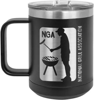 National Grill Association BLACK 15 oz Coffee Cup w/Slide Top Lid | Insulated Travel Coffee Mug | BBQ & Grilling Gift Idea For Men Who Have Everything, Dad | Compare To Yeti Rambler | ONLYGIFTS.COM