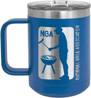 National Grill Association BLUE 15 oz Coffee Cup w/Slide Top Lid | Insulated Travel Coffee Mug | BBQ & Grilling Gift Idea For Men Who Have Everything, Dad | Compare To Yeti Rambler | ONLYGIFTS.COM