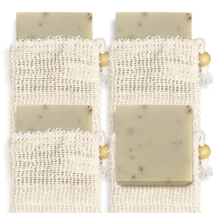 Natural Soap Bar w/ Sisal Bag, Vegan Artisan Soap Bar Set for Women, Body Soap in Bar Soap Pouch, Natural Bath Soaps w/ Essential Oils, 4 Plain Body Soap Bars, Eucalyptus Aloe