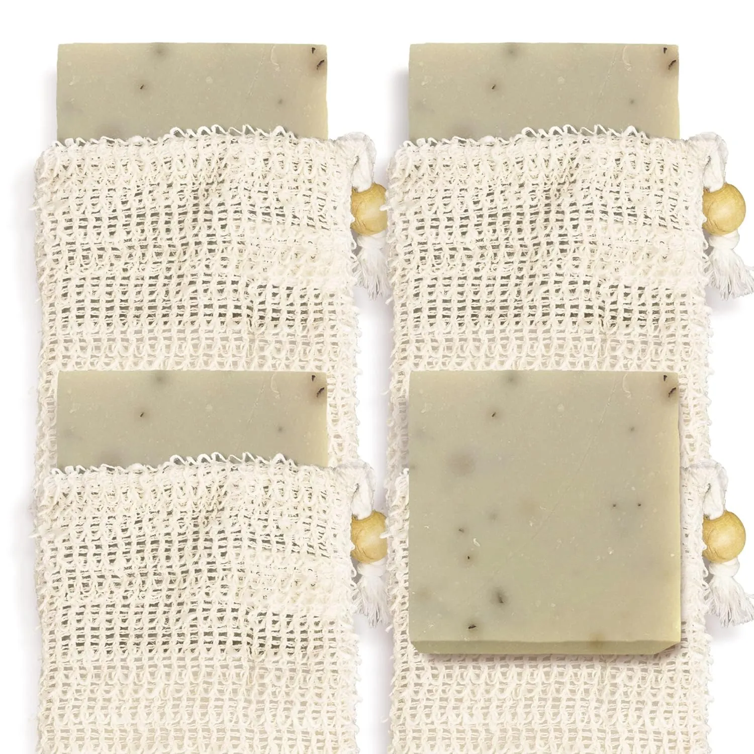Natural Soap Bar w/ Sisal Bag, Vegan Artisan Soap Bar Set for Women, Body Soap in Bar Soap Pouch, Natural Bath Soaps w/ Essential Oils, 4 Plain Body Soap Bars, Eucalyptus Aloe