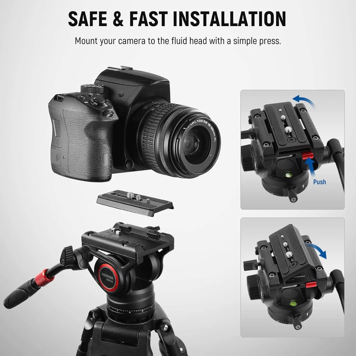 NEEWER Video Tripod Fluid Head with Quick Release Plate, Telescopic Handle & Scaled Base (75mm Dia.) Heavy Duty, Max Load 17.6lb/8kg for Video Cameras and DSLR Cameras