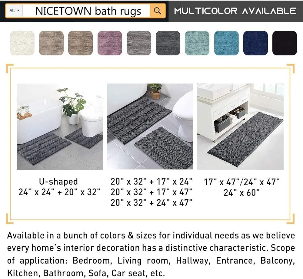 NICETOWN Grey Bathroom Rug Sets, Extra Thick Bath Rugs for Bathroom, Anti-Slip Soft Plush Chenille Shaggy Bath Mats, Living Room Bedroom Mats, Water Absorbent Floor Carpets (20 x 32 Plus 17 x 24)