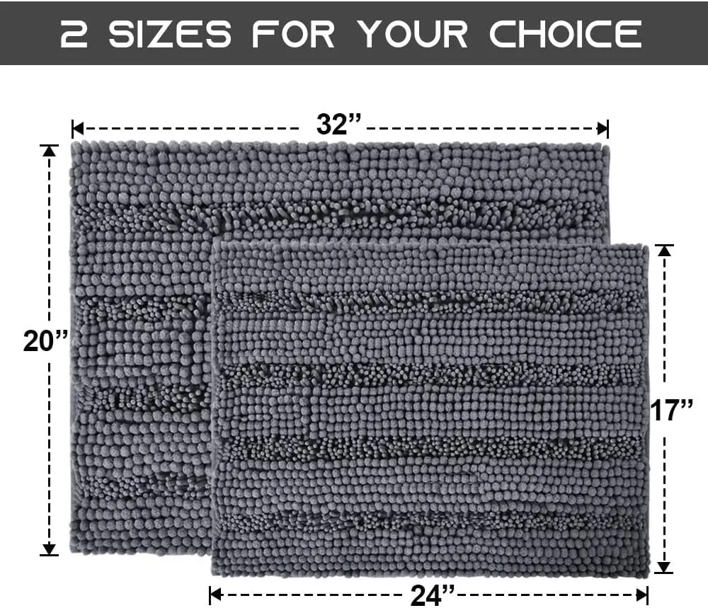 NICETOWN Grey Bathroom Rug Sets, Extra Thick Bath Rugs for Bathroom, Anti-Slip Soft Plush Chenille Shaggy Bath Mats, Living Room Bedroom Mats, Water Absorbent Floor Carpets (20 x 32 Plus 17 x 24)