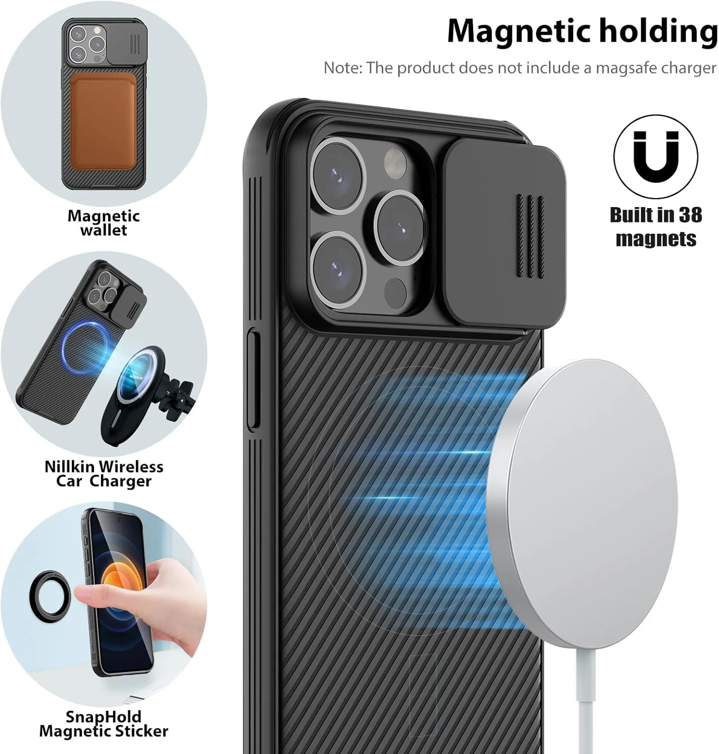 Nillkin for iPhone 15 Pro Case with Camera Cover, Compatible with MagSafe, CamShield Pro Magnetic 15 Pro 5G Car Mount Case 6.1’’ (Black, for iPhone 15 Pro)