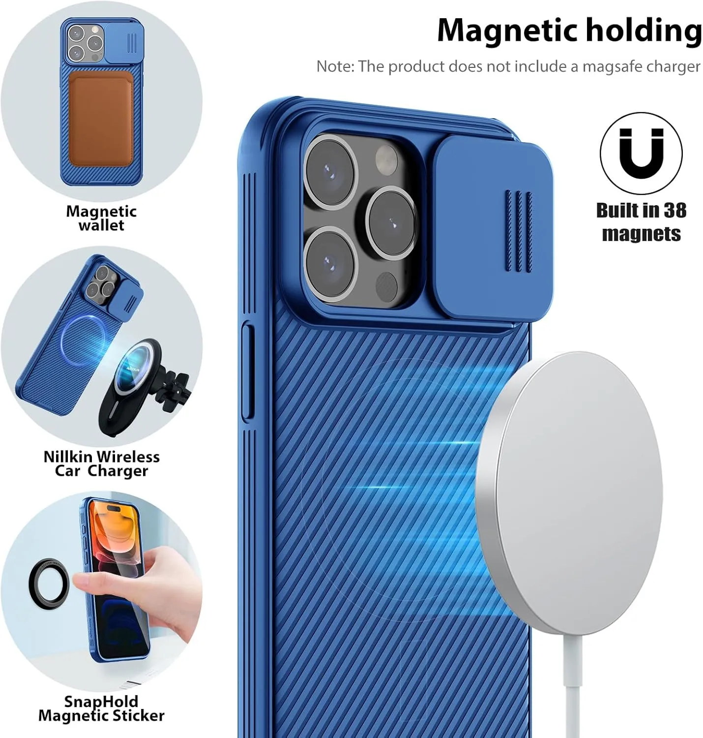 Nillkin for iPhone 15 Pro Max Magnetic Case with Camera Cover, Compatible with MagSafe, CamShield Pro Magnetic 15 Pro Max 5G Car Mount Case 6.7’’, Built-in Magnet Circle, Blue