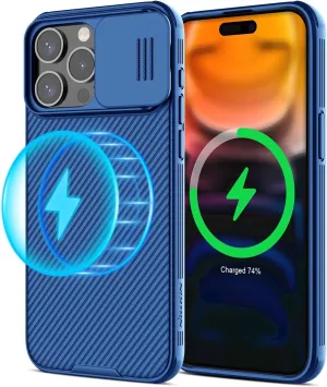 Nillkin for iPhone 15 Pro Max Magnetic Case with Camera Cover, Compatible with MagSafe, CamShield Pro Magnetic 15 Pro Max 5G Car Mount Case 6.7’’, Built-in Magnet Circle, Blue