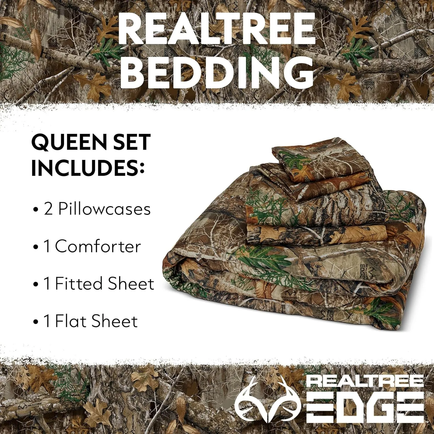 Northwest Realtree Queen Bed in a Bag Set, 1 Comforter, 1 Fitted Sheet, 1 Flat Sheet, 2 Pillowcases, All Seasons, Camo Bedding, Realtree Edge
