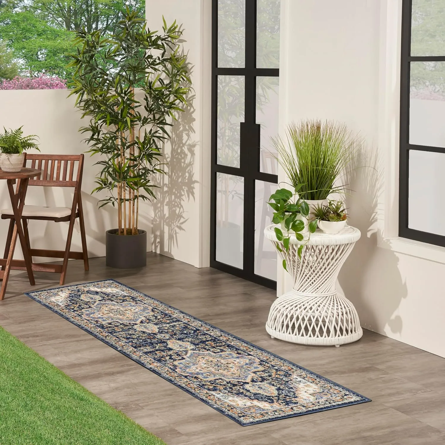 Nourison Essentials Indoor/Outdoor Navy 2'2" x 7'6" Area Rug, Non Shedding, Bed Room, Living Room, Dining Room, Backyard, Deck, Patio (2x8)