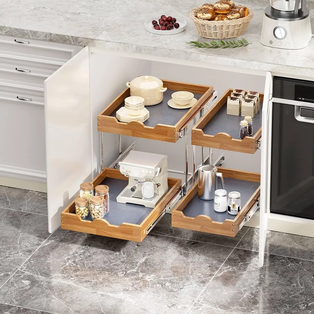 OCG Pull Out Drawers For Cabinets 14"W x 21"D, 2 Tier Heavy-Duty Slide out Wood Drawer Shelf, Pull Out Drawer for Cabinets, Base Cabinet Organization ​for Kitchen, Pantry, Bathroom