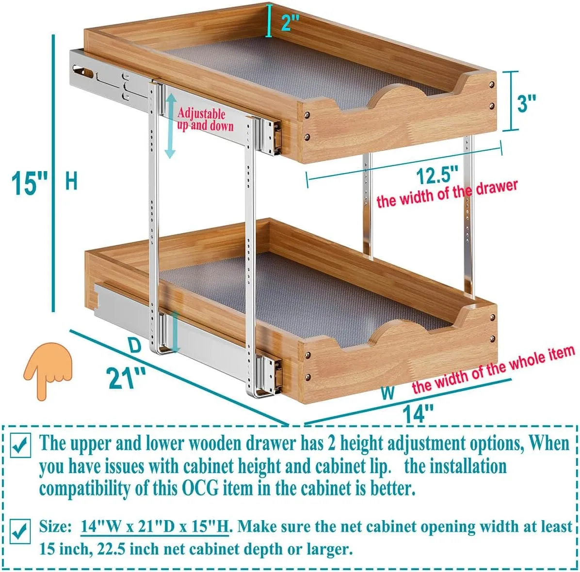 OCG Pull Out Drawers For Cabinets 14"W x 21"D, 2 Tier Heavy-Duty Slide out Wood Drawer Shelf, Pull Out Drawer for Cabinets, Base Cabinet Organization ​for Kitchen, Pantry, Bathroom