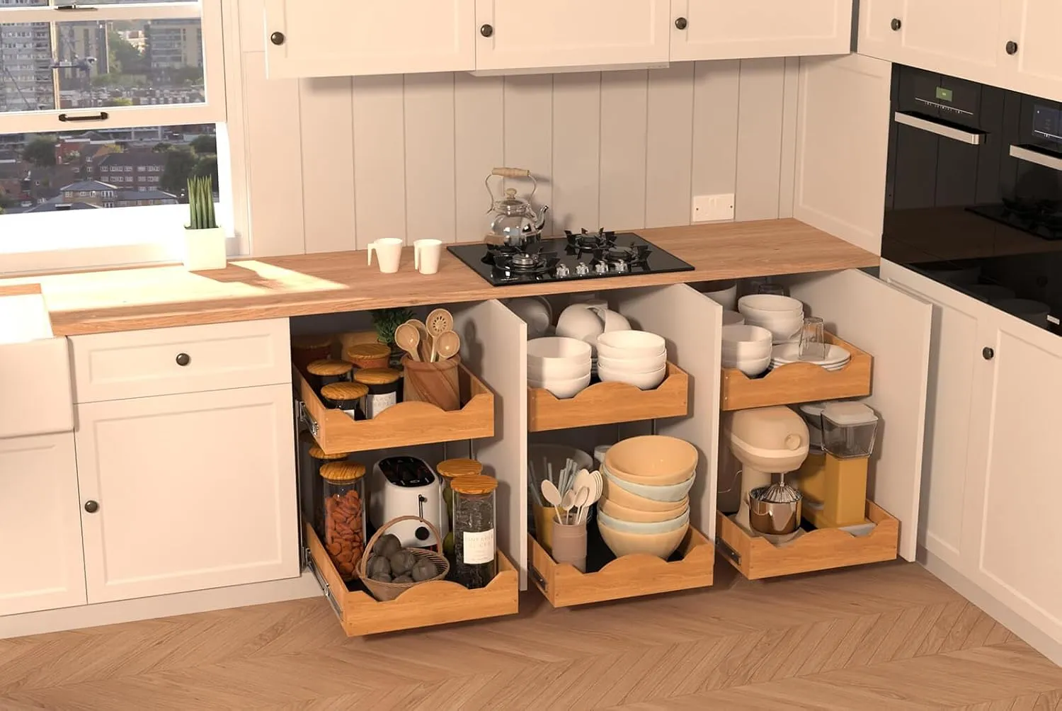 OCG Pull Out Drawers For Cabinets 14"W x 21"D, 2 Tier Heavy-Duty Slide out Wood Drawer Shelf, Pull Out Drawer for Cabinets, Base Cabinet Organization ​for Kitchen, Pantry, Bathroom