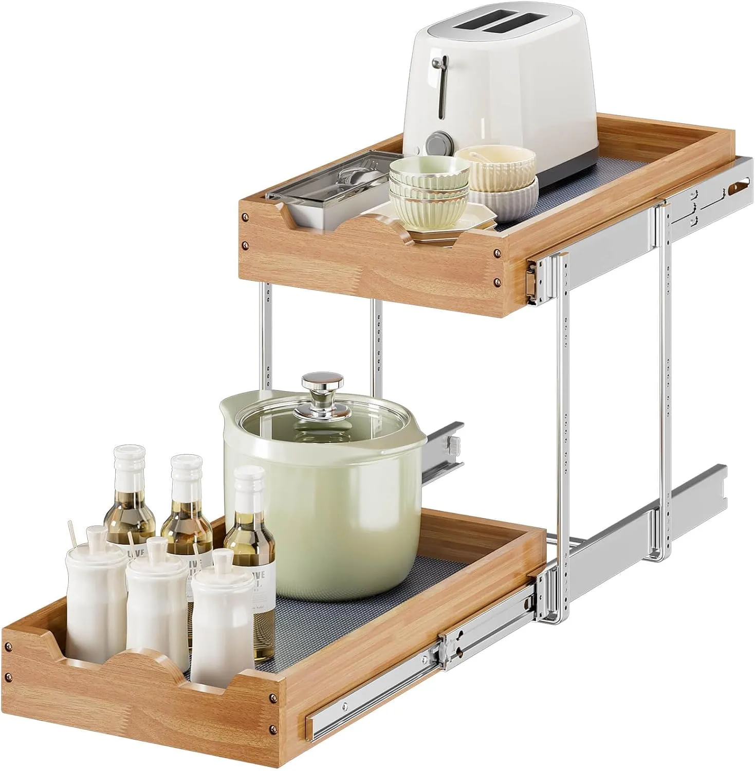 OCG Pull Out Drawers For Cabinets 14"W x 21"D, 2 Tier Heavy-Duty Slide out Wood Drawer Shelf, Pull Out Drawer for Cabinets, Base Cabinet Organization ​for Kitchen, Pantry, Bathroom