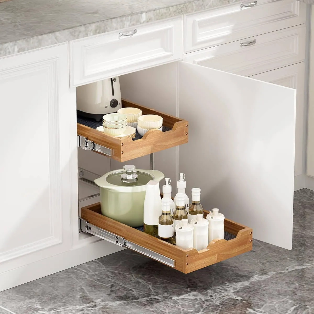 OCG Pull Out Drawers For Cabinets 14"W x 21"D, 2 Tier Heavy-Duty Slide out Wood Drawer Shelf, Pull Out Drawer for Cabinets, Base Cabinet Organization ​for Kitchen, Pantry, Bathroom