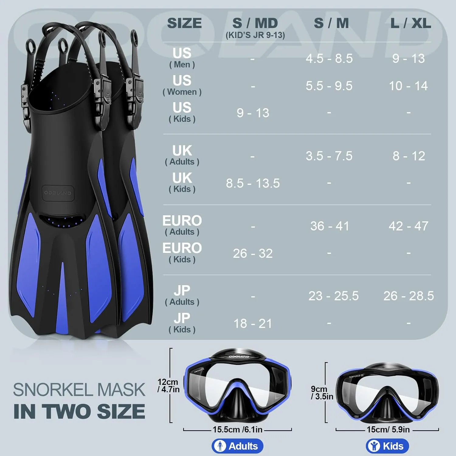 Odoland Snorkel Set, Adults Snorkeling Packages with Dry Top Diving Mask, Adjustable Swim Fins, Mesh Bag, Anti-Fog Anti-Leak Snorkeling Gear for Men Women