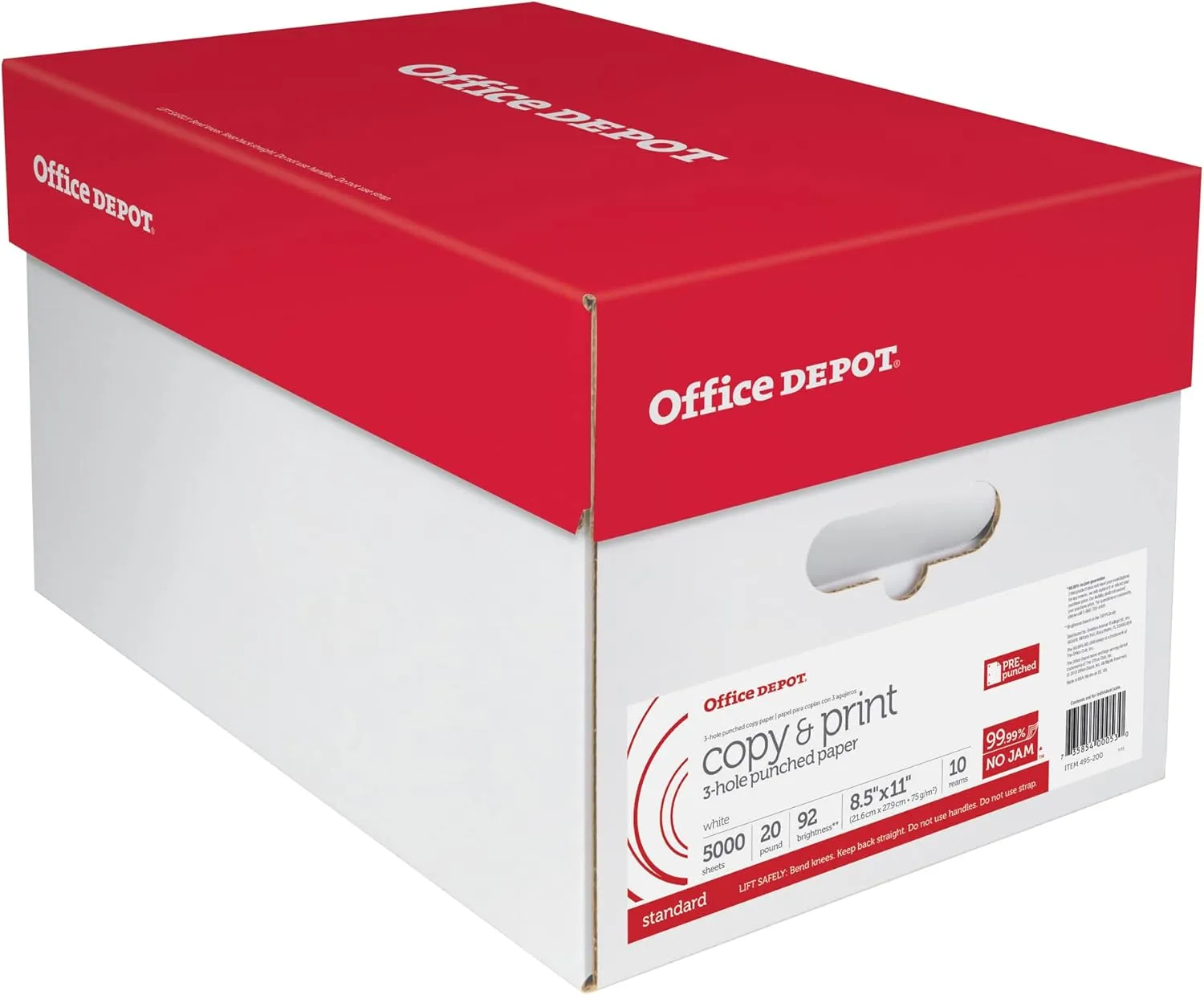 Office Depot® 3-Hole Punched Multi-Use Printer & Copy Paper, 10 Reams, White, Letter (8.5" x 11"), 5000 Sheets Per Case,