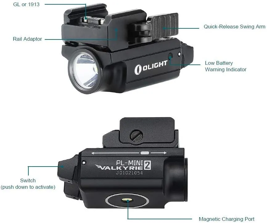 OLIGHT PL-Mini 2 Valkyrie 600 Lumens Magnetic USB Rechargeable Compact Weaponlight with Adjustable Rail, High Performance CW LED Tactical Flashlight with Built-in Battery