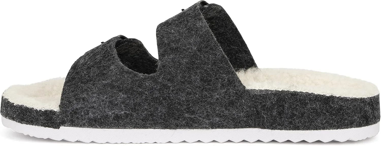 Olivia Miller Women’s Fashion Shoes, Faux Fur EVA Slippers Two Band Dual Toe Strap Slip On House Slides Flat Sandals