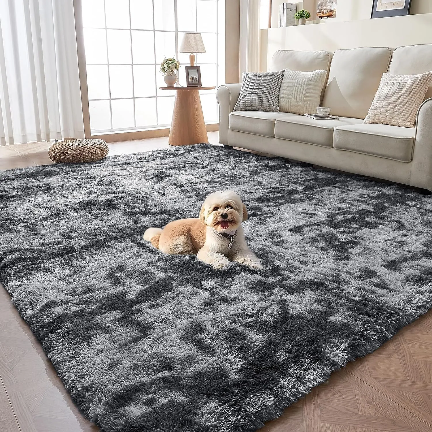 OPPODREAM Area Rug for Living Room, Ultra Soft Nursery Rugs for Bedrooms, 4x6 Fluffy Kids Carpet with 0.6" Thick Non-Slip Backing, Long Pile Shag Carpet, Fuzzy, Shaggy, Tie-dye Dark Grey