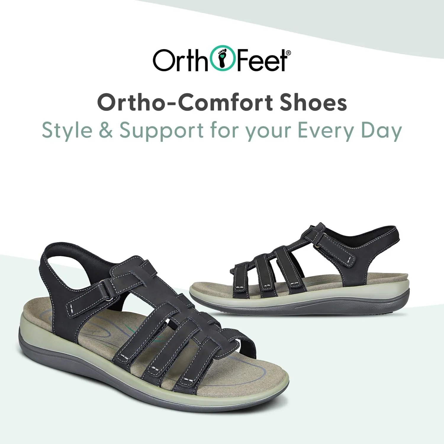 Orthofeet Women's Orthopedic Black Leather Amalfi Adjustable Sandals, Size 12
