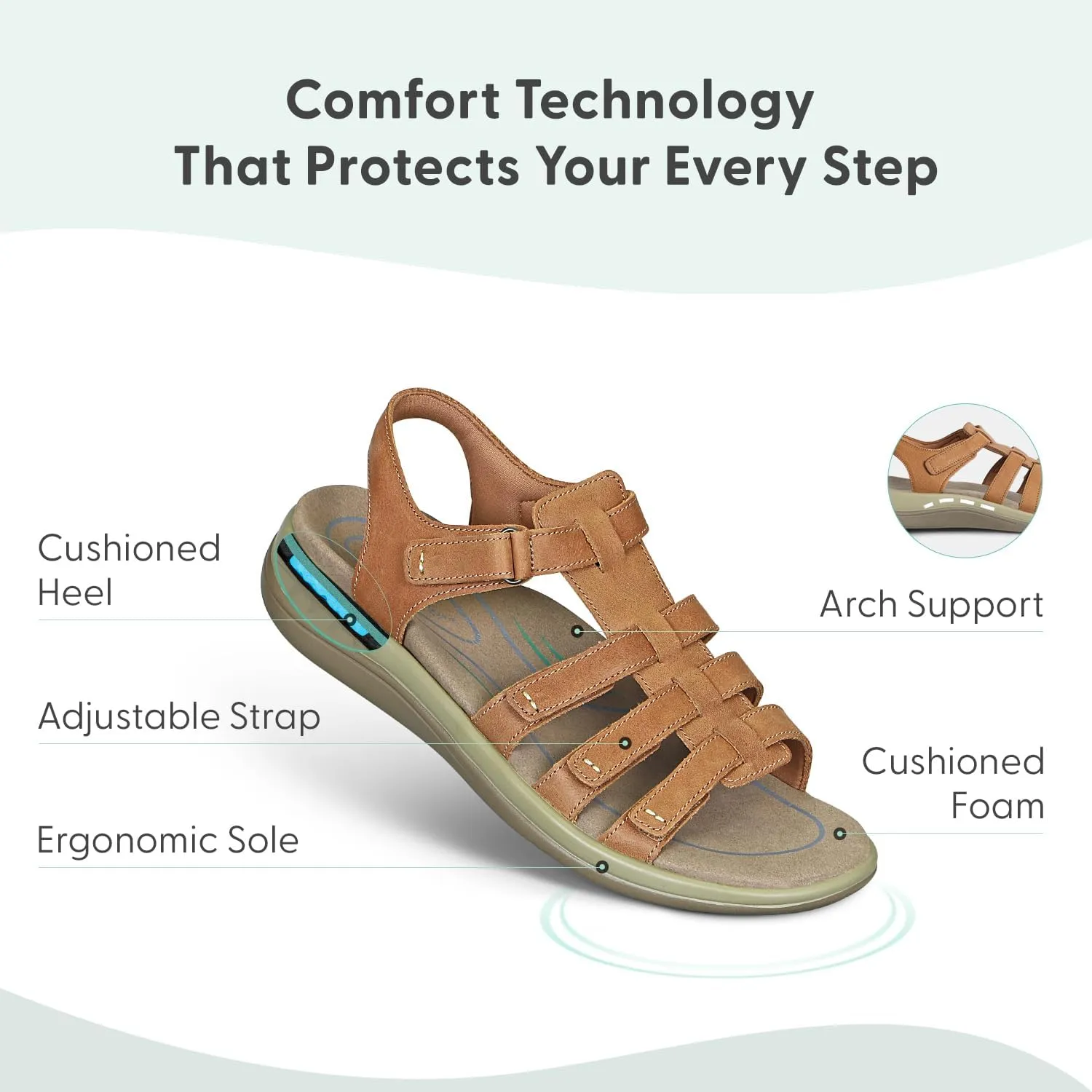 Orthofeet Women's Orthopedic Camel Leather Amalfi Adjustable Sandals, Size 9.5 Wide