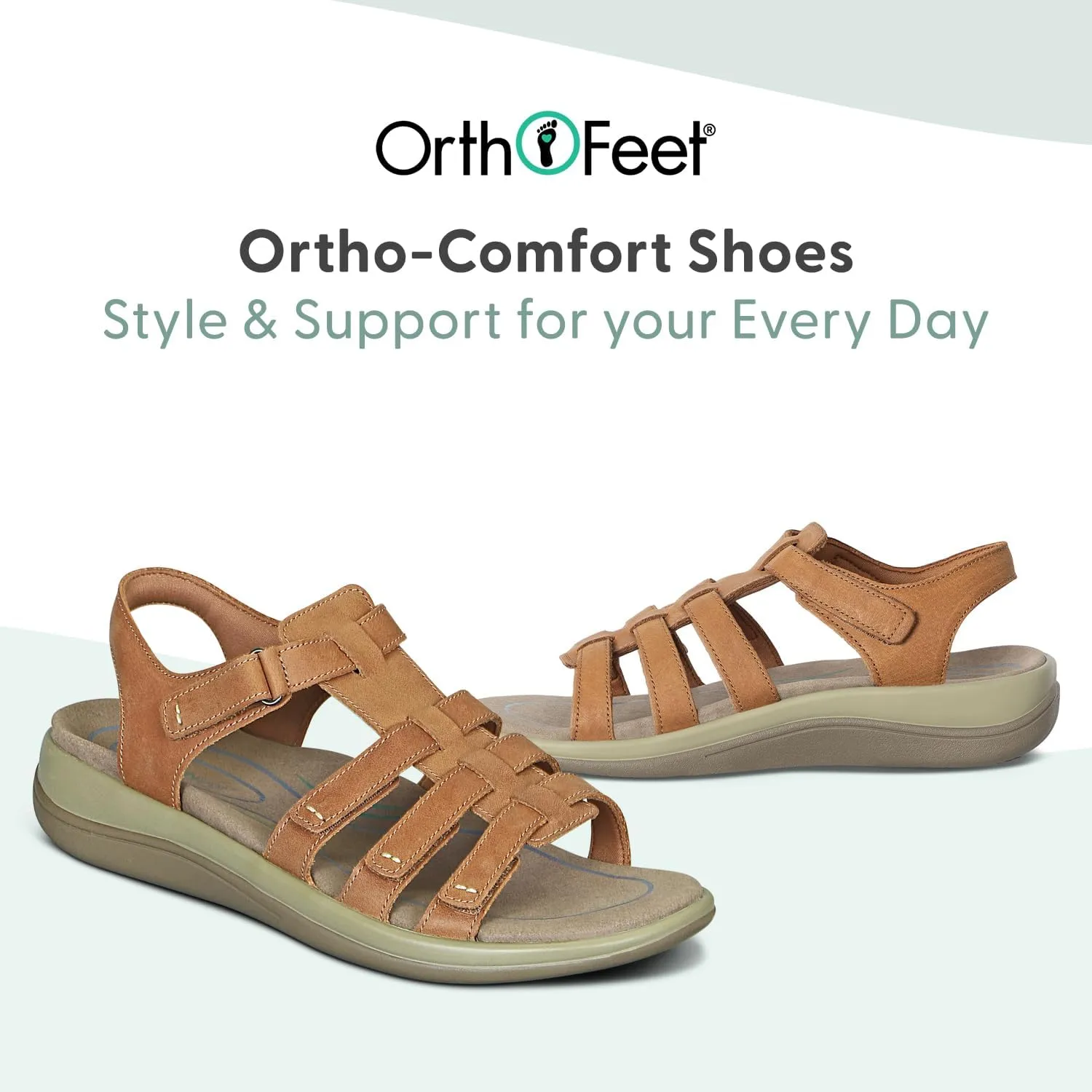 Orthofeet Women's Orthopedic Camel Leather Amalfi Adjustable Sandals, Size 9.5 Wide