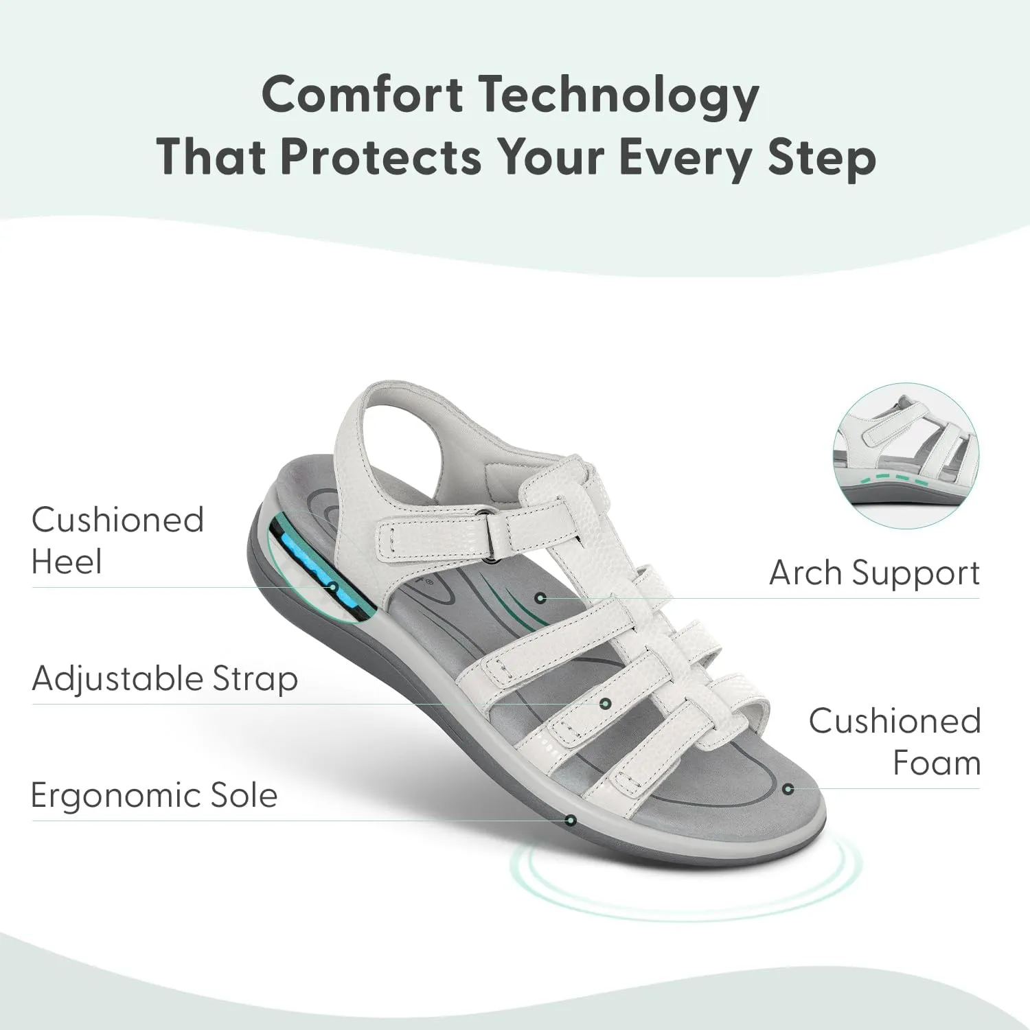 Orthofeet Women's Orthopedic Snake White Leather Amalfi Adjustable Sandals, Size 10.5