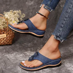 Orthopedic Sandals for Women Walking Slippers with Arch Support Anti-Slip Breathable Sandal Vintage Slip On Women's Orthotic Sandals Flip Flops Comfy Wedge Walking Sandals Women Dressy (Blue-J, 8.5)
