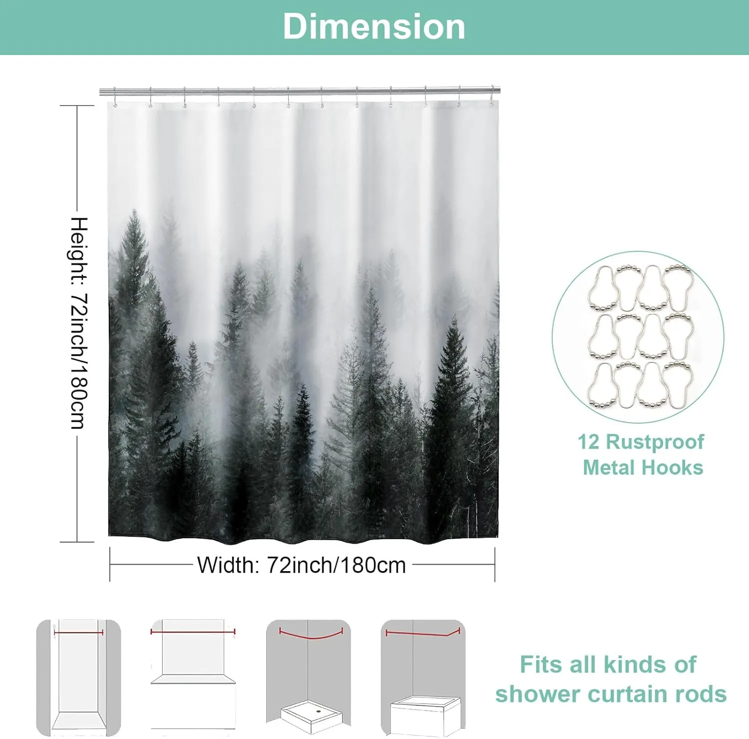 ORTIGIA Dark Green Misty Forest Shower Curtain for Bathroom, Nature Woodland Shower Curtain Set with Hooks, Decorative Pine Tree Fog Magic Bath Curtain for Home, Waterproof Fabric, Weighted, 72x72