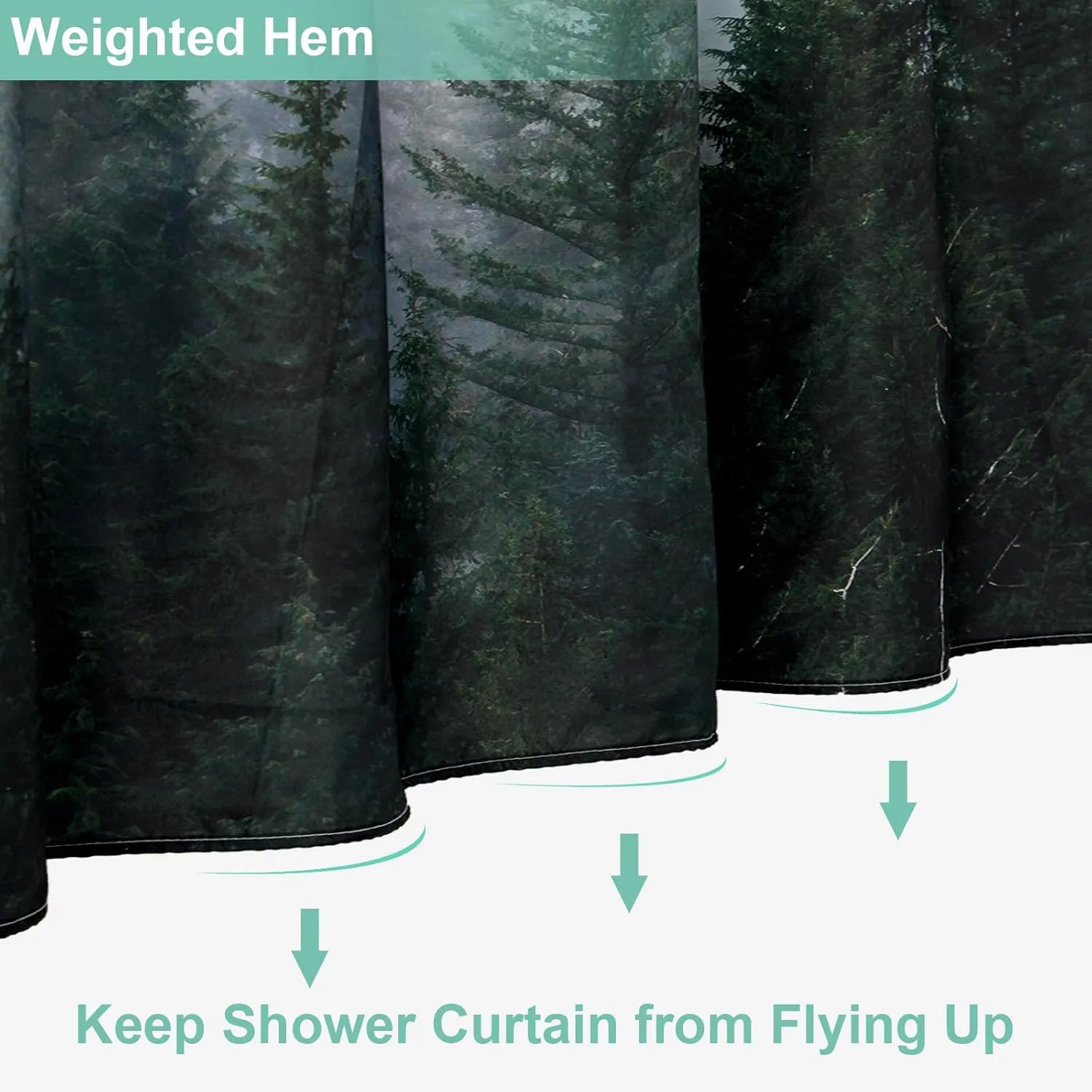 ORTIGIA Dark Green Misty Forest Shower Curtain for Bathroom, Nature Woodland Shower Curtain Set with Hooks, Decorative Pine Tree Fog Magic Bath Curtain for Home, Waterproof Fabric, Weighted, 72x72