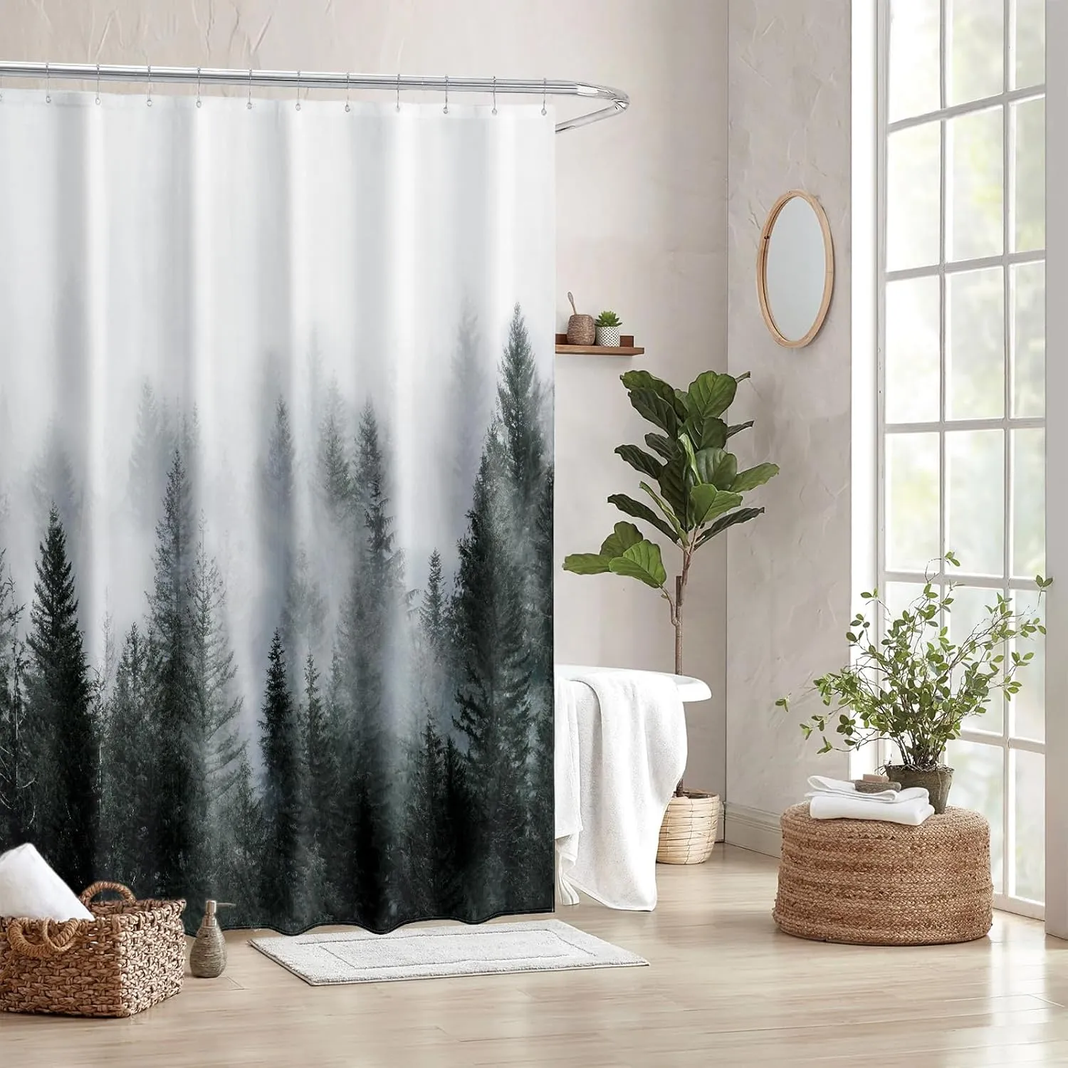 ORTIGIA Dark Green Misty Forest Shower Curtain for Bathroom, Nature Woodland Shower Curtain Set with Hooks, Decorative Pine Tree Fog Magic Bath Curtain for Home, Waterproof Fabric, Weighted, 72x72