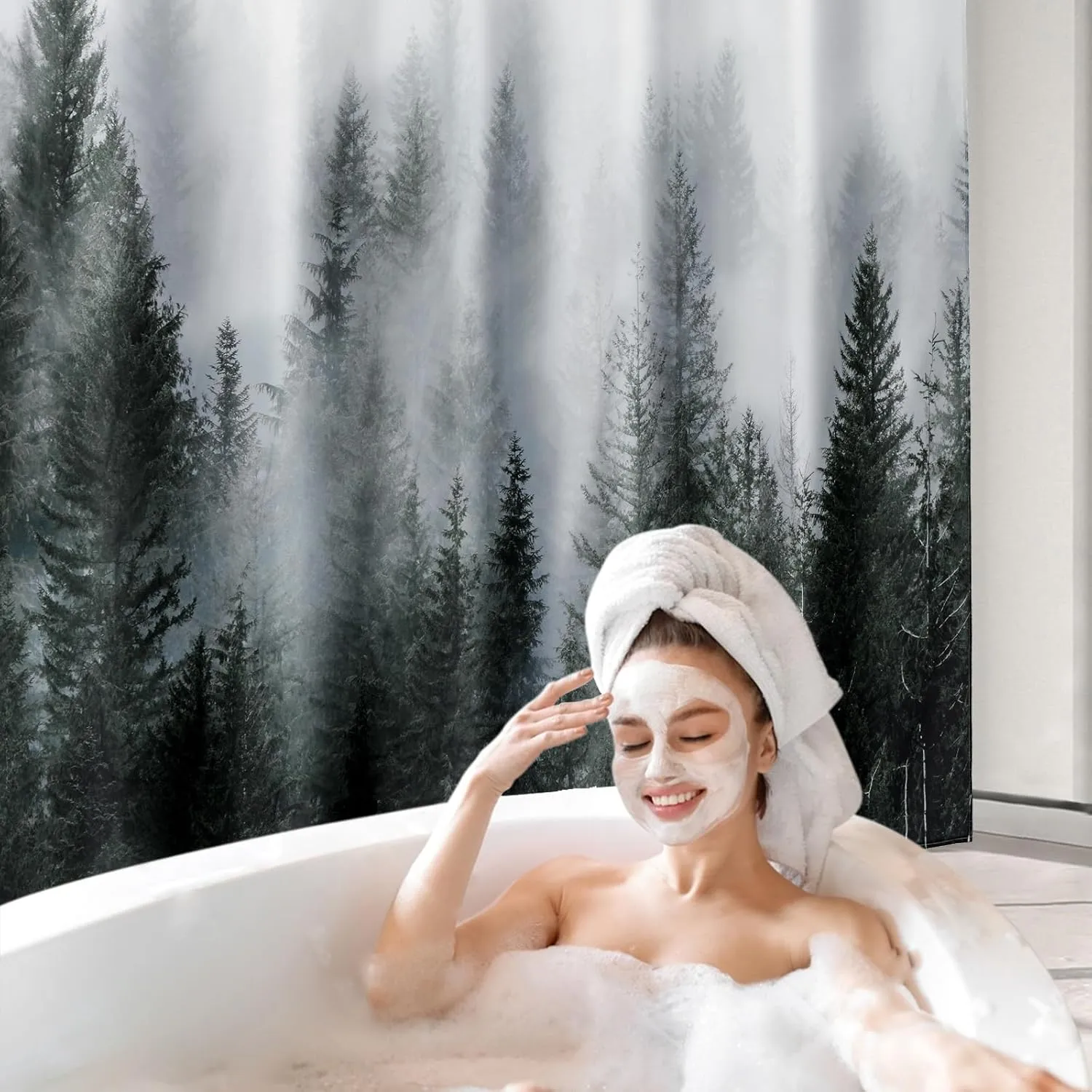 ORTIGIA Dark Green Misty Forest Shower Curtain for Bathroom, Nature Woodland Shower Curtain Set with Hooks, Decorative Pine Tree Fog Magic Bath Curtain for Home, Waterproof Fabric, Weighted, 72x72