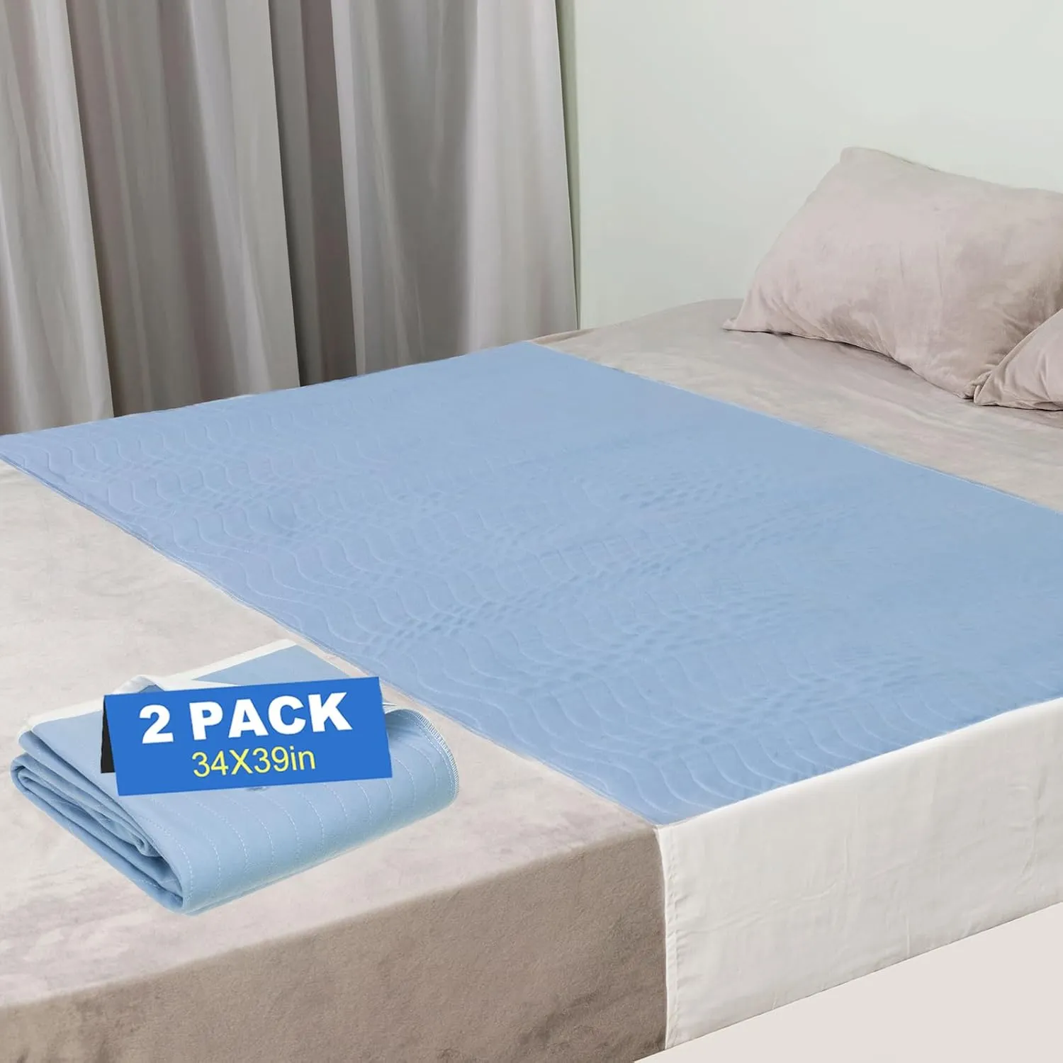 OUTCREATOR® Saddle Style Bed Pad with Tuck-in Sides, 34" x 39" Pack of 2 Reusable Incontinence Underpad, Absorbent Waterproof Quilted Tuckable Mattress Protector for Adults, Elderly, Kids, Pets (Blue)