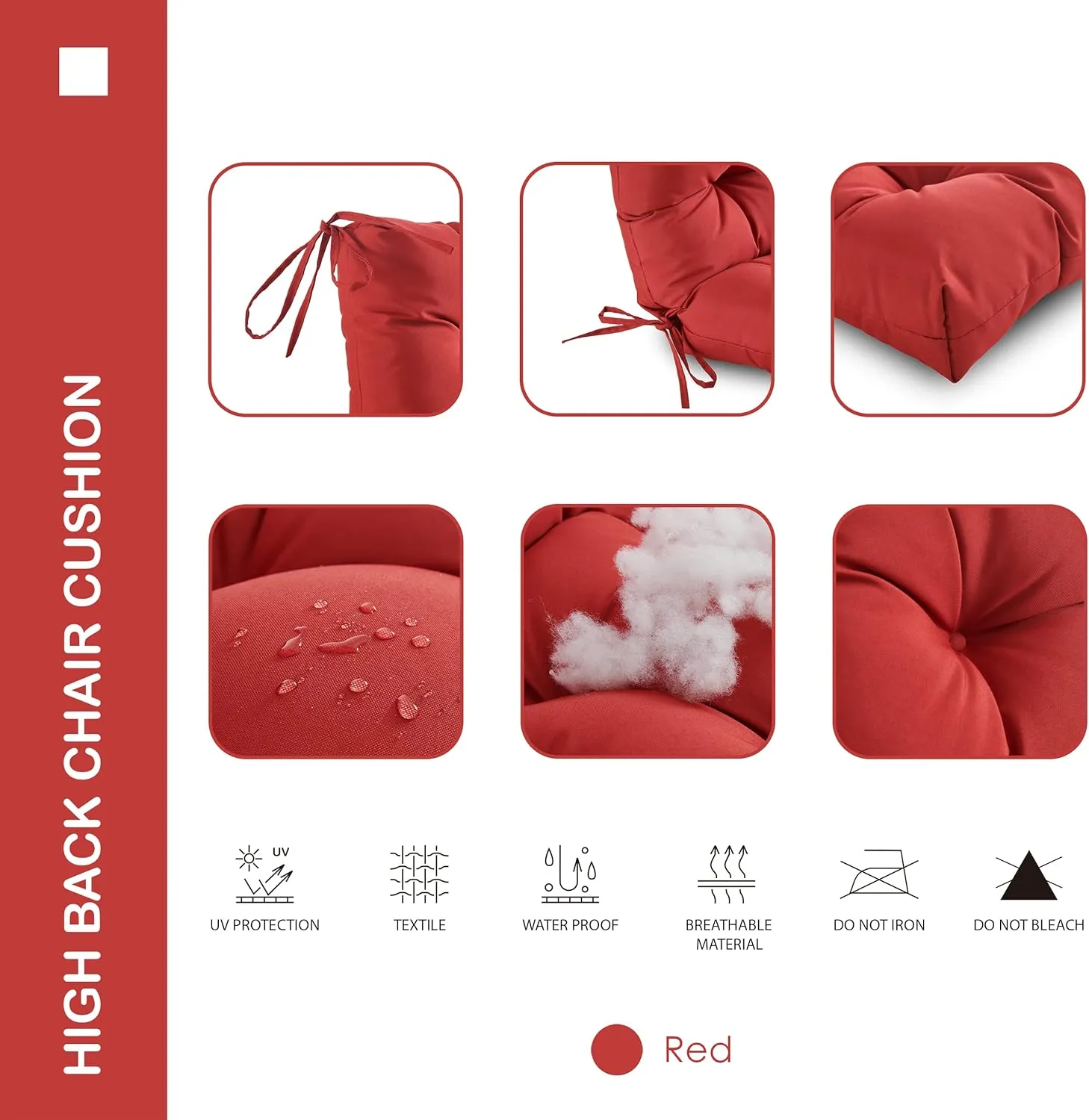 Outdoor/Indoor High Back Chair Cushion, Waterproof All-Weather Stuffed High Rebound Foam Adirondack Chair Cushion, Red