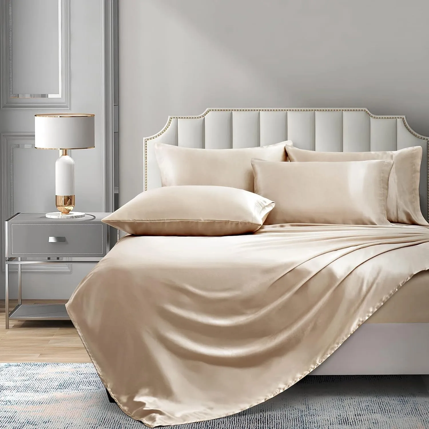 P Pothuiny Satin Sheets King (6 Pieces, Taupe) - Luxury Silky Satin Bed Sheets King Bedding Set, Extra Soft Satin Sheet Set, 1 Satin Fitted Sheet   1 Flat Sheet   4 Pillow Cases