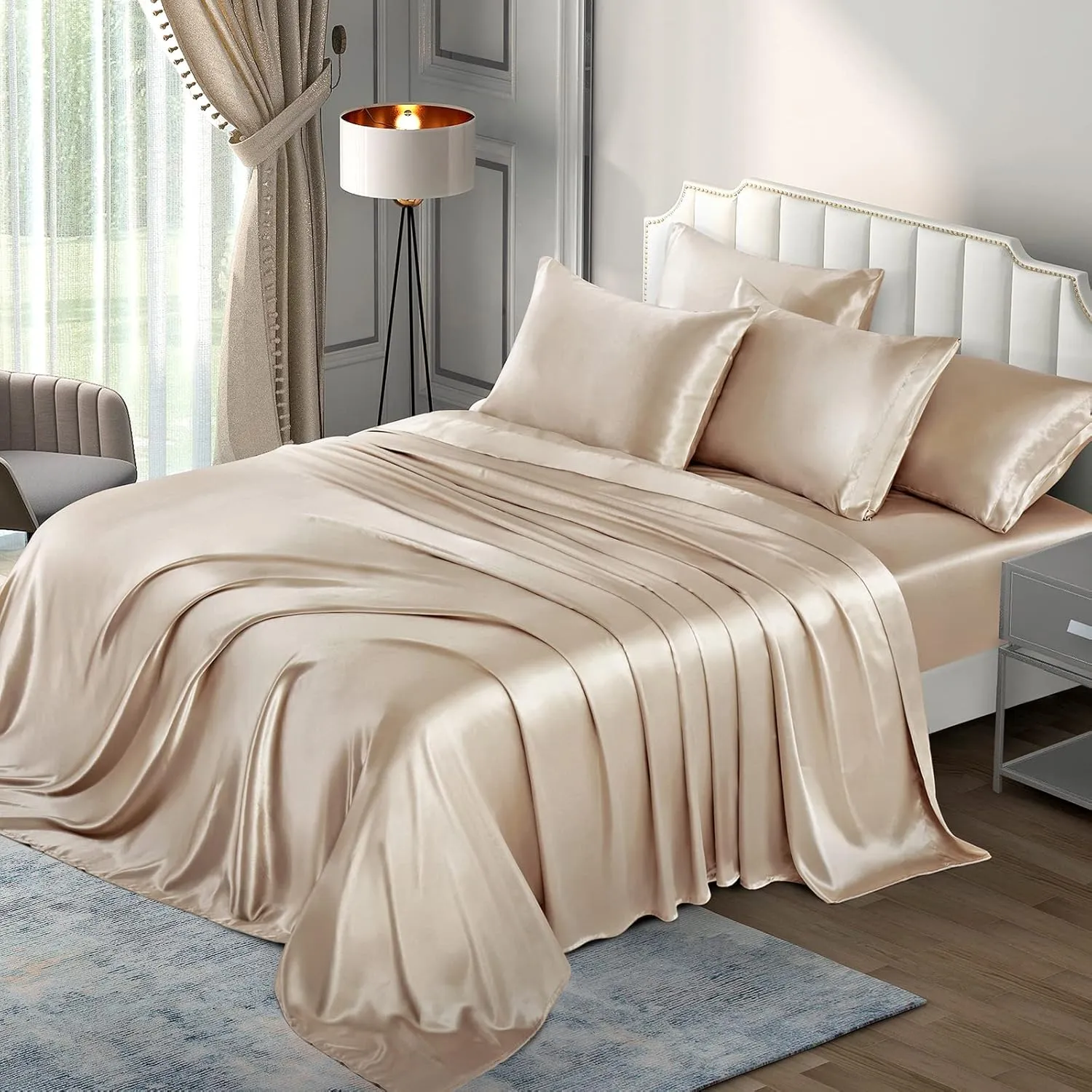 P Pothuiny Satin Sheets King (6 Pieces, Taupe) - Luxury Silky Satin Bed Sheets King Bedding Set, Extra Soft Satin Sheet Set, 1 Satin Fitted Sheet   1 Flat Sheet   4 Pillow Cases