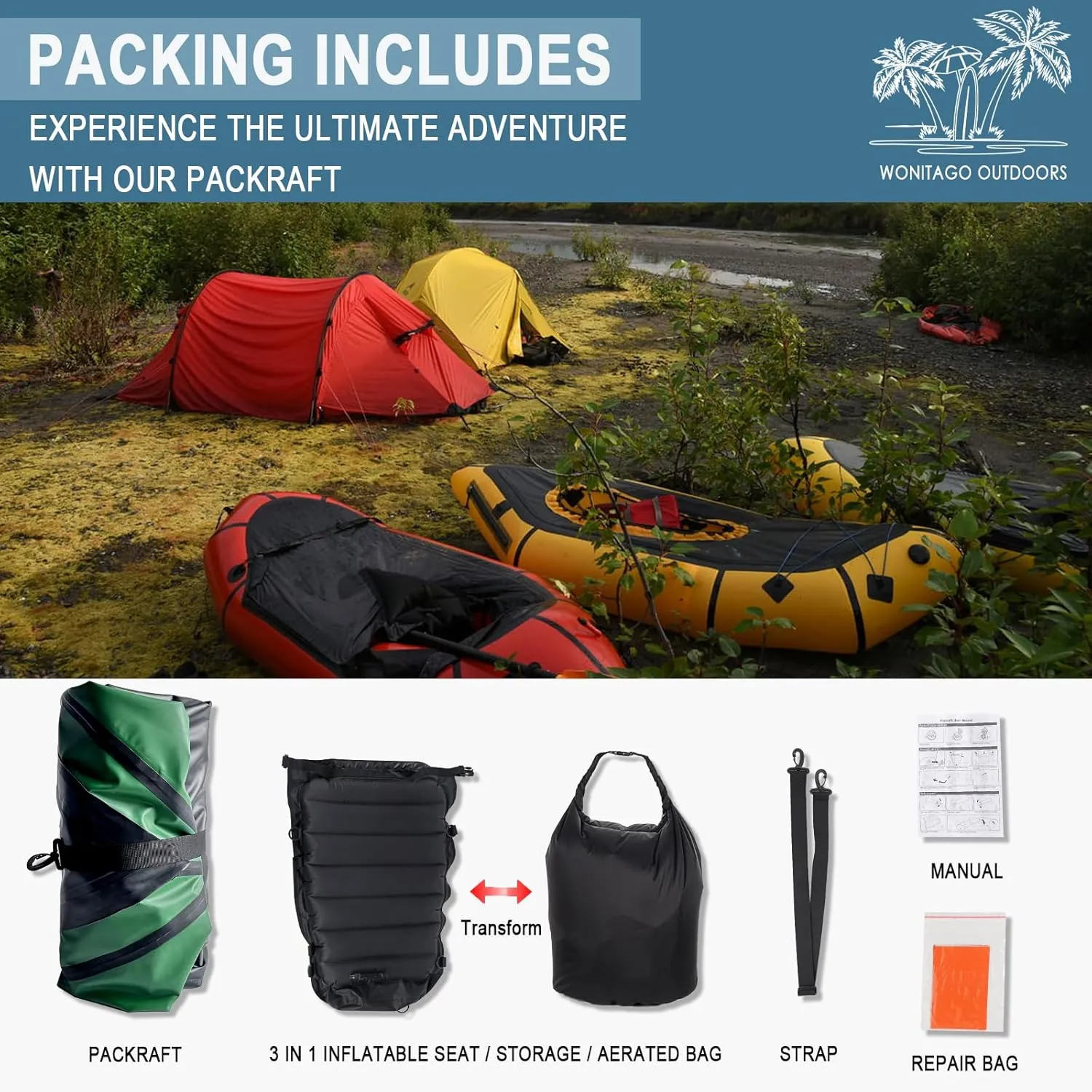 Packraft TPU Inflatable Travel Kayak with Soft Seat Lightweight Packrafts for Flat Water Rafting/Bicycle Drifting/Litewater Dinghy, 1 Person