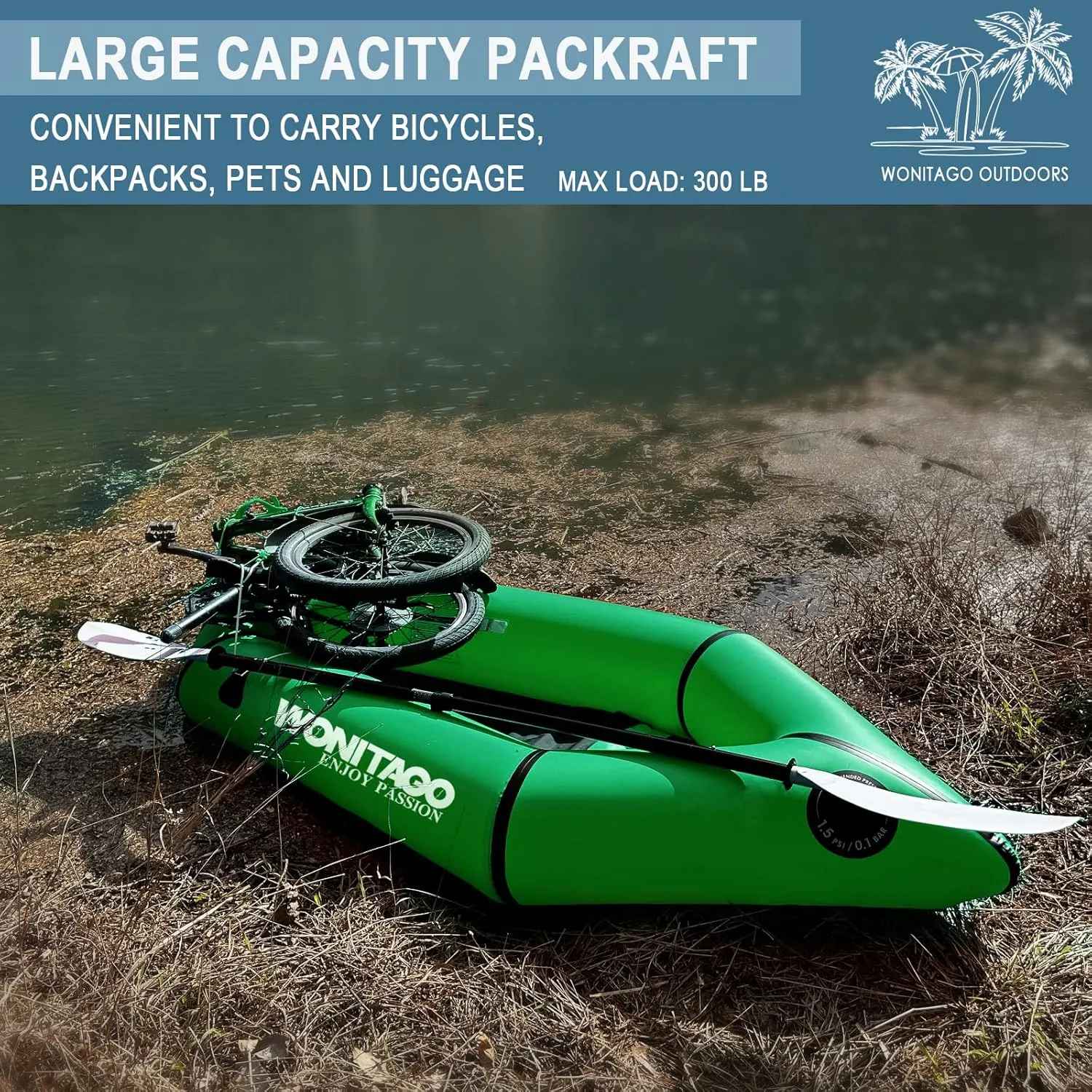 Packraft TPU Inflatable Travel Kayak with Soft Seat Lightweight Packrafts for Flat Water Rafting/Bicycle Drifting/Litewater Dinghy, 1 Person
