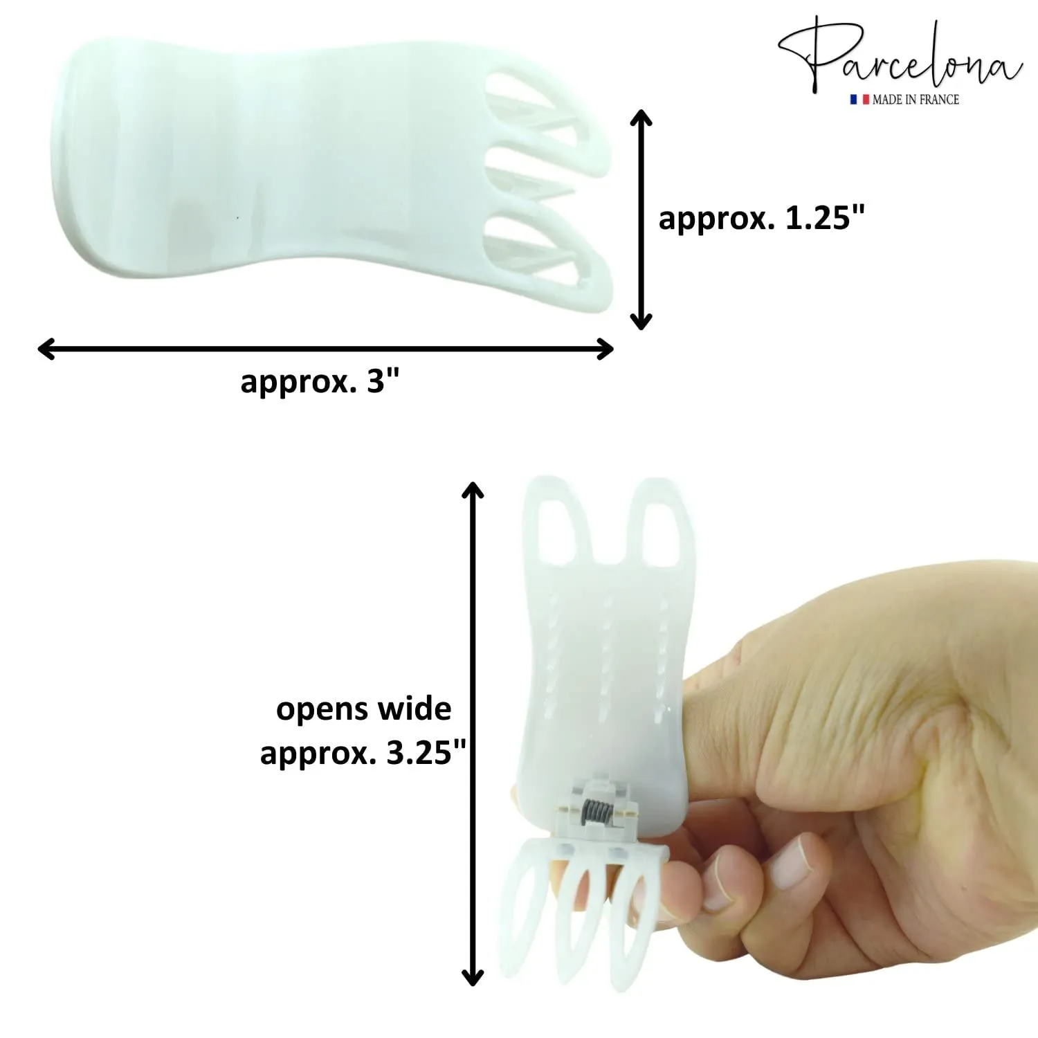 Parcelona French Simply Bear Paw Medium 3” Celluloid Acetate Set of 2 Side Slide In Jaw Yoga Fine Hair Claw Clip for Women and Girls (White and Black)