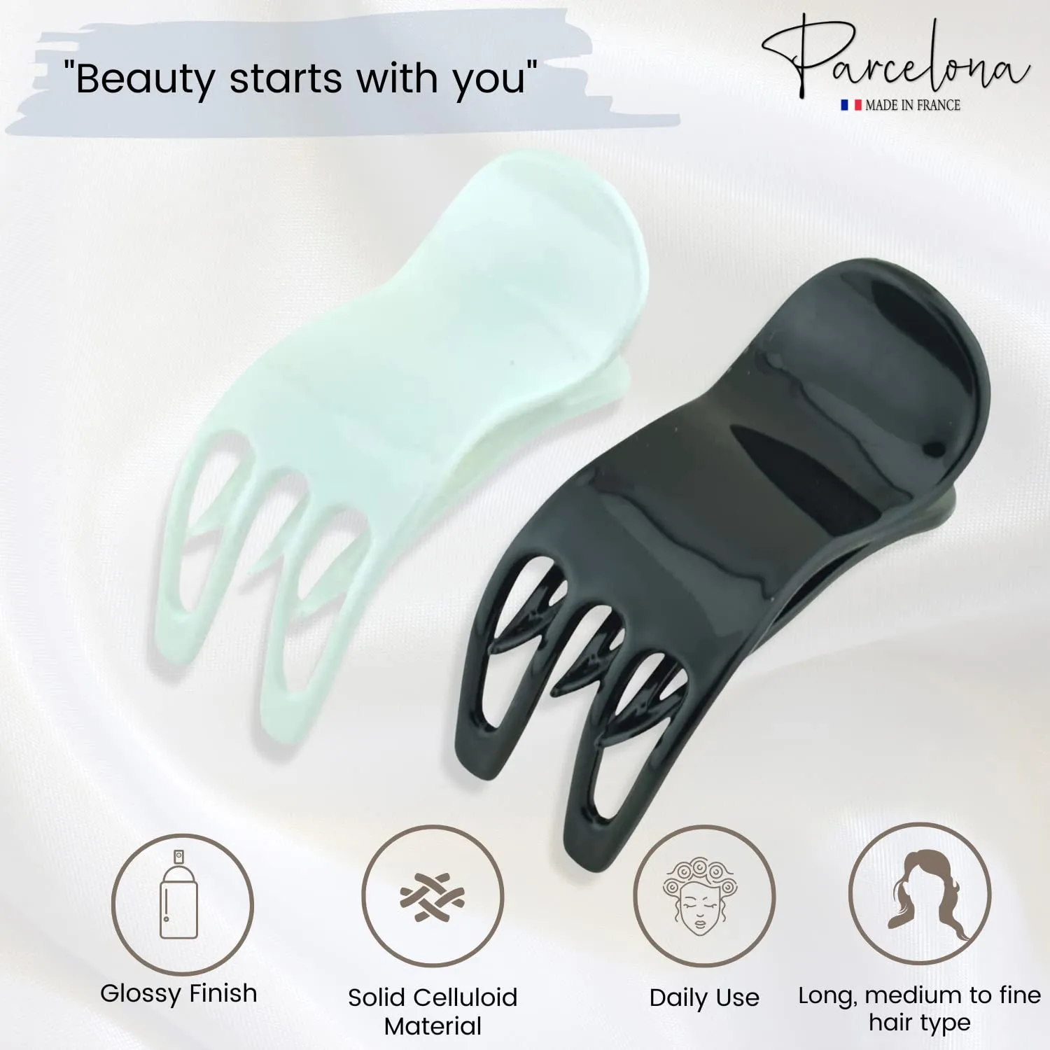 Parcelona French Simply Bear Paw Medium 3” Celluloid Acetate Set of 2 Side Slide In Jaw Yoga Fine Hair Claw Clip for Women and Girls (White and Black)