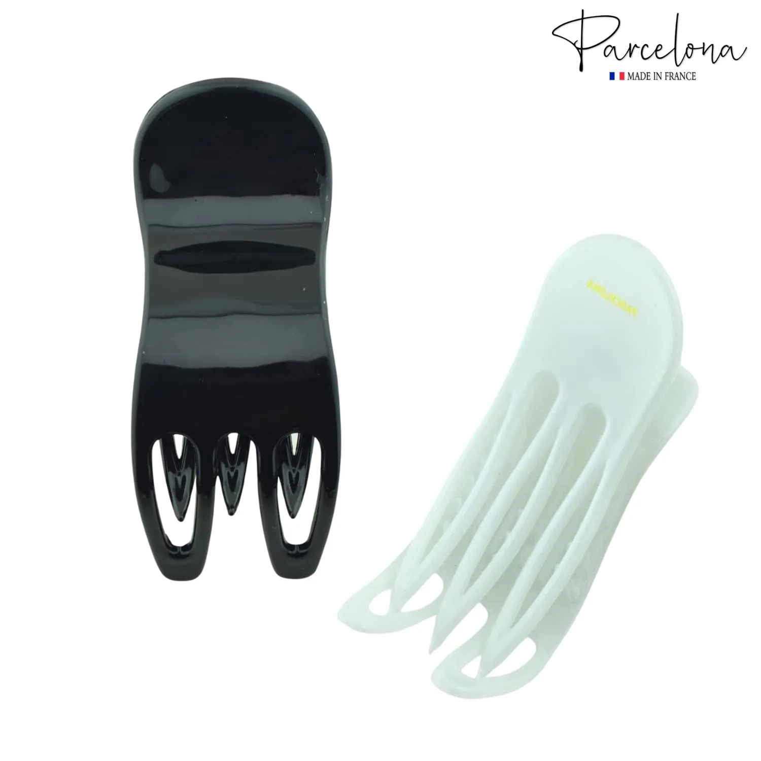 Parcelona French Simply Bear Paw Medium 3” Celluloid Acetate Set of 2 Side Slide In Jaw Yoga Fine Hair Claw Clip for Women and Girls (White and Black)