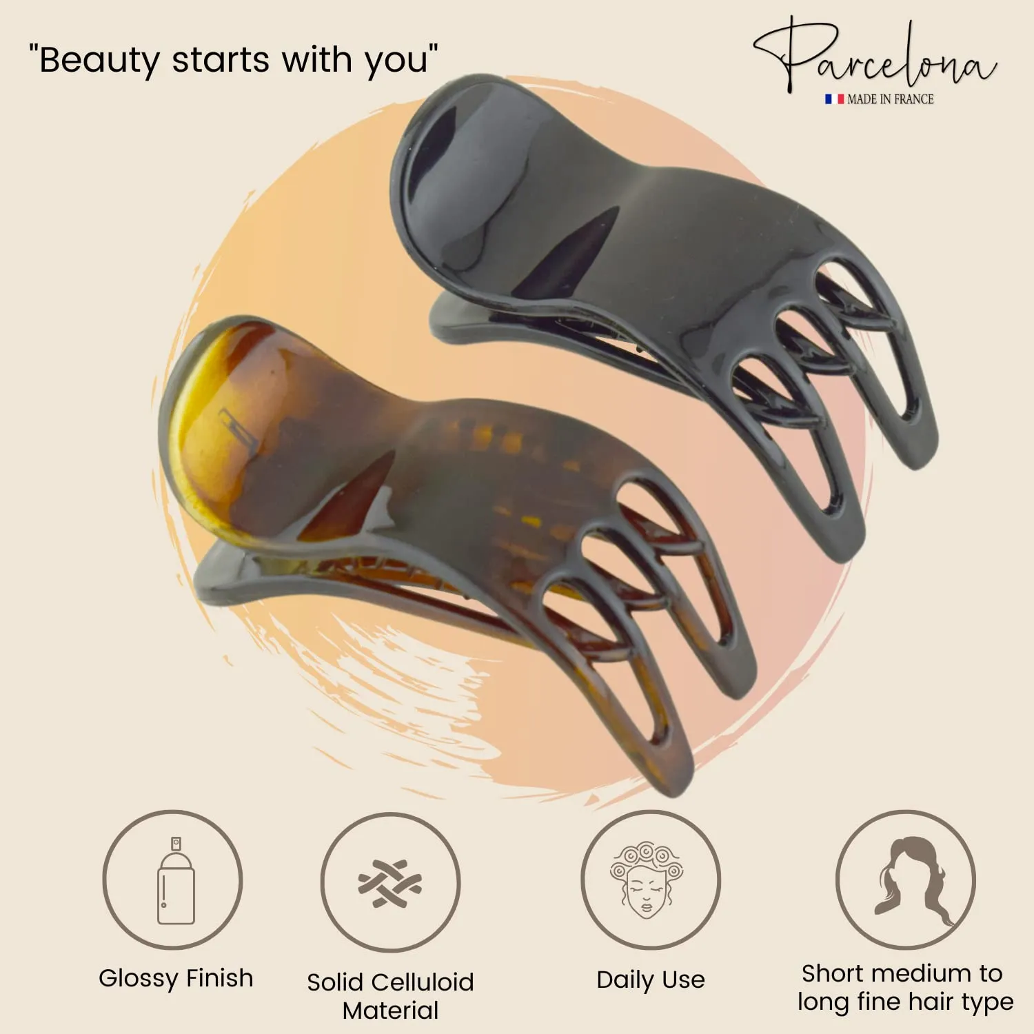 Parcelona French Simply Bear Paw Medium 3” Set of 2 Celluloid Side Slide In Jaw Yoga Hair Claw Beak Hair Clip for Women and Girls Durable Stylish Hair Accessories, Made in France(Black-Tortoise Shell)