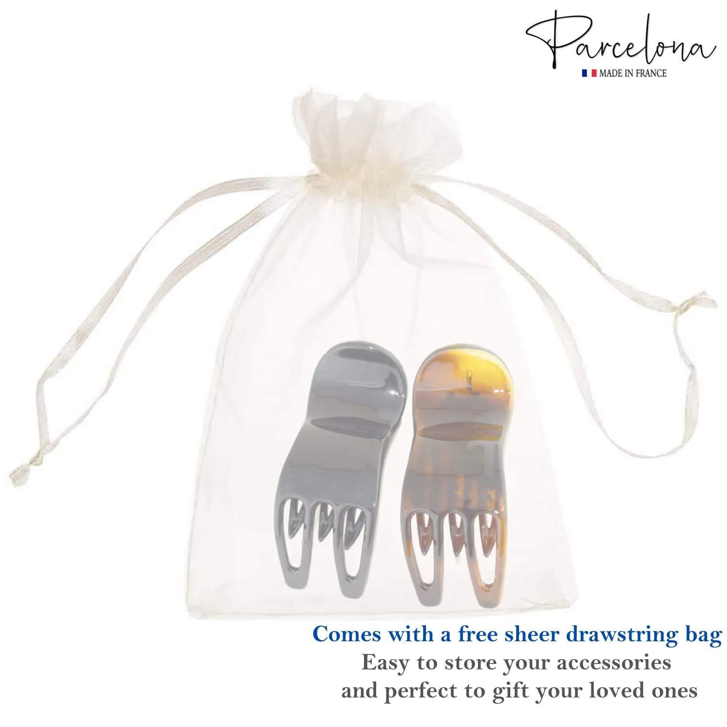 Parcelona French Simply Bear Paw Medium 3” Set of 2 Celluloid Side Slide In Jaw Yoga Hair Claw Beak Hair Clip for Women and Girls Durable Stylish Hair Accessories, Made in France(Black-Tortoise Shell)