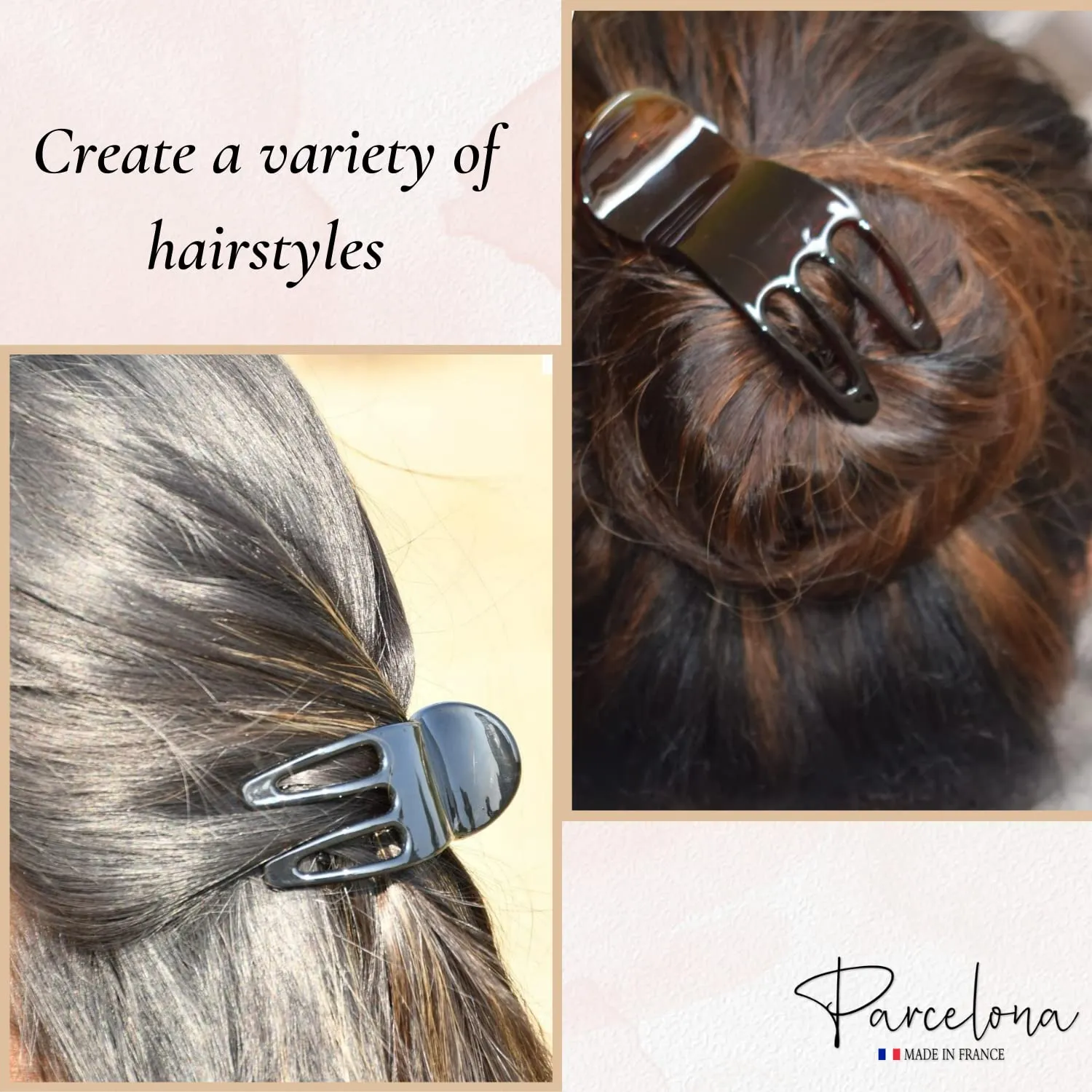Parcelona French Simply Bear Paw Medium 3” Set of 2 Celluloid Side Slide In Jaw Yoga Hair Claw Beak Hair Clip for Women and Girls Durable Stylish Hair Accessories, Made in France(Black-Tortoise Shell)