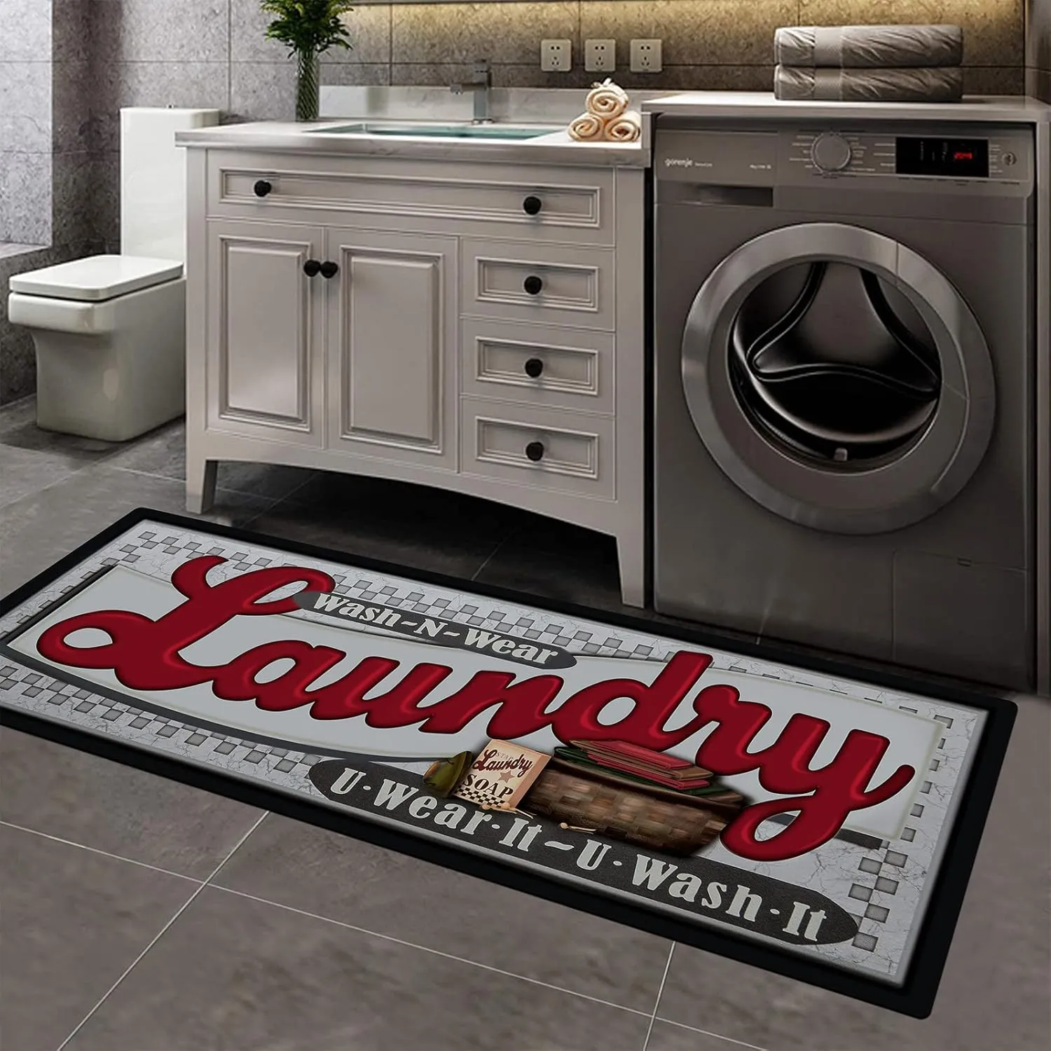 Pauwer Farmhouse Laundry Room Rug Runner 20"x48" Rubber Non Slip Kitchen Mats for Floor Waterproof Laundry Area Rug Washable Floor Carpet Runner for Entryway Bathroom Hallway Mudroom