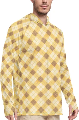 Plaid Honey Gold Men's Sun Protection Hoodie Long Sleeve Fishing Shirt UPF 50  Cooling Hoodies UV Hooded Rash Guard