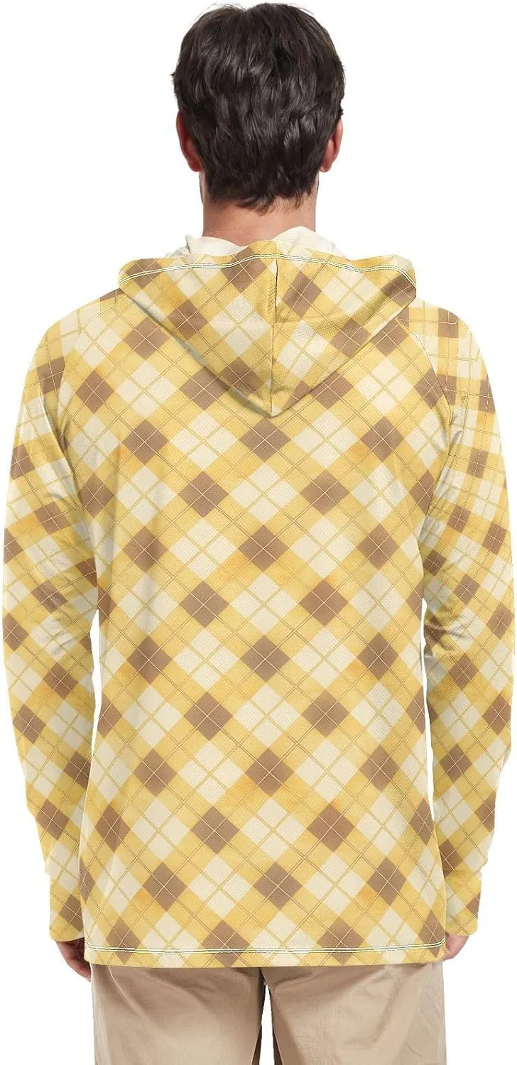 Plaid Honey Gold Men's Sun Protection Hoodie Long Sleeve Fishing Shirt UPF 50  Cooling Hoodies UV Hooded Rash Guard