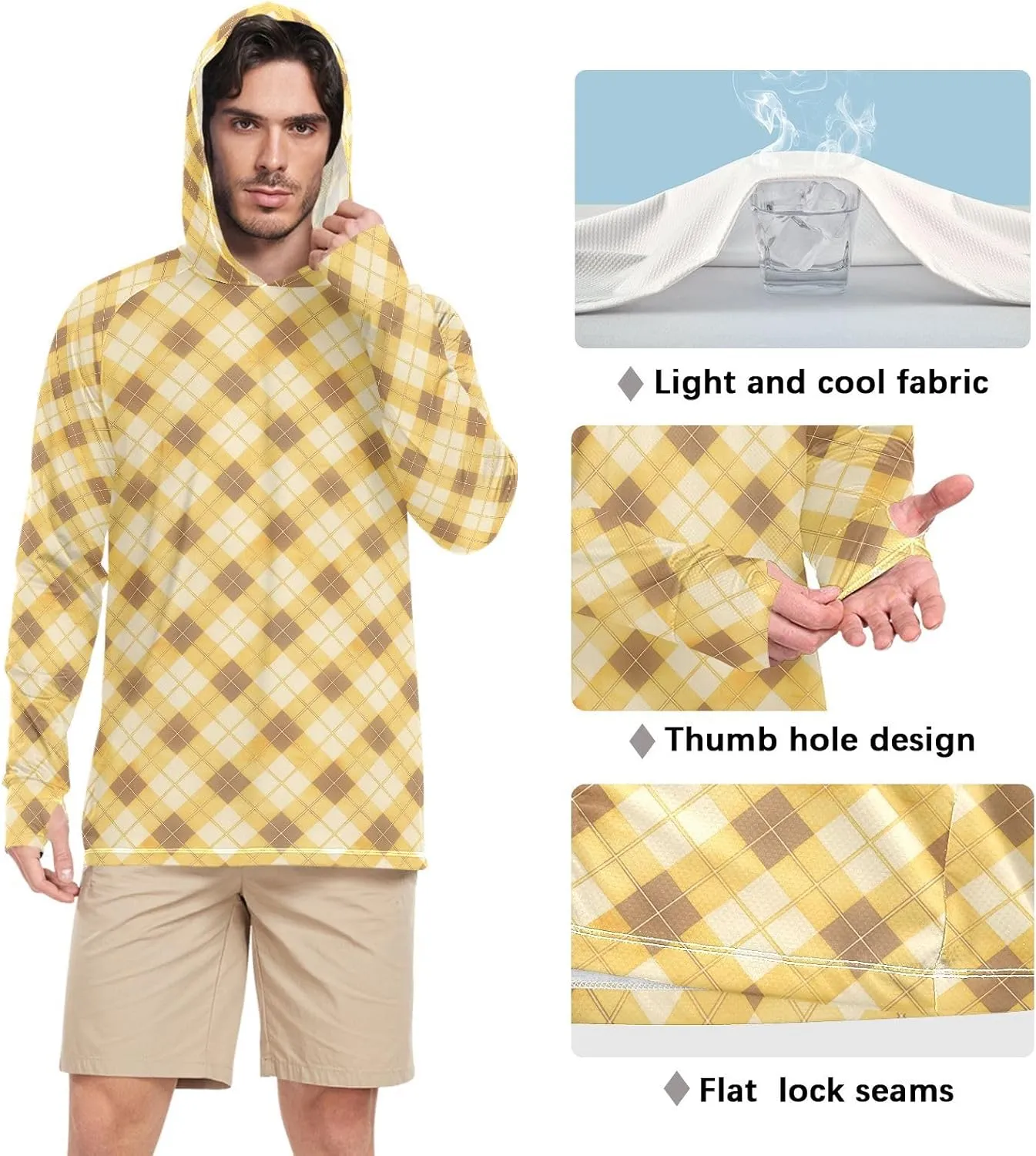 Plaid Honey Gold Men's Sun Protection Hoodie Long Sleeve Fishing Shirt UPF 50  Cooling Hoodies UV Hooded Rash Guard